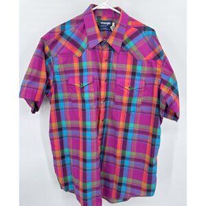 VTG‎ Wrangler 18 Multicolor Plaid Cowboy Cut X-Long Tail Pearl Snap